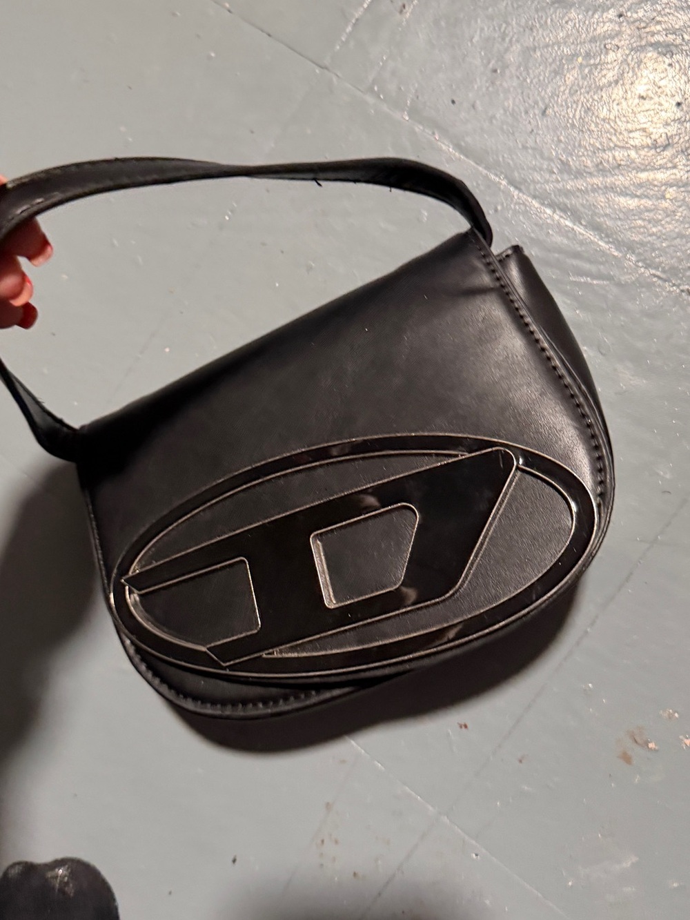 Black Leather Shoulder Bag with Oversized Logo